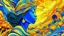 Placeholder: woman envisioned in a Psychedelic Safari Vision, with bold patterns and vivid colors creating a surreal landscape. Utilize bright gold and blue hues to capture the wild and untamed essence