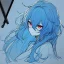 Placeholder: Clear focus, High resolution, rough line sketch art, blue hair, fluffy hair, between eyes, red eyes, no light in eyes