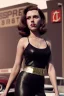 Placeholder: retro portrait image from 1960, supermarket parking explosion, long hair, young Scarlett Johansson, classic black tight lycra suit, gold bracelet and belt, high heel boots, soft color, highly detailed, unreal engine 5, ray tracing, RTX, lumen lighting, ultra detail, volumetric lighting, 3d, finely drawn, high definition, high resolution.