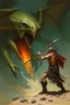 Placeholder: A worrier holding a spear attacking a creature from another world, Busch painting style