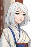 Placeholder: Young woman white hair, bob haircut, vivid sapphire blue eyes, cream-colored warrior monk clothes, smirking, grinning, Oriental background, RWBY animation style