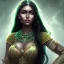 Placeholder: fantasy setting, indian woman, dark-skinned, green and black wavy hair