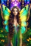 Placeholder: Gorgeous Photography Beautiful butterfly girl with shiny brown flowing hair, glitter colorful butterfly wings, lovely glowing green eyes, surrounded by magical colorful forest and flickering lights, digital photography, kaleidoscope, vibrant colors, vivid colors, colorful