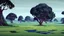 Placeholder: Beautiful landscape with trees, earth opens up and breaks down in black polygons.