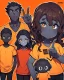 Placeholder: Anime manga style, Black skin boy, with dark brown curly hair, wearing red and orange clothes and black jeans, always with one hand in his pocket, looking a little irritated