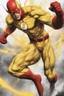 Placeholder: the Reverse Flash with yellow Flash suit, red boots, red belt, red wrist gauntlets, reversed red and black chest logo, extremely exaggerated muscular stature, posing for the cameras, Professional Quality 35mm Photograph, 4k UHD, hyper-realistic, Photorealistic, extremely detailed, High resolution