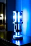 Placeholder: gaming table lamp inspired by avengers stark tower buliding architecture futuristic-modern stlye. geometric form, blue and white color scheme