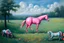 Placeholder: Big pink plastic toy horse.19th painting