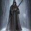 Placeholder: Tall Wizard, dark broody, long staff in hand, grey cloak, photorealistic