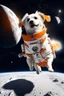 Placeholder: white and orange dog flies to the moon on top of the a rocket, writes, in space, realistic, 4k, Cinematic,