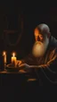 Placeholder: Clay brown colour Bosch style painting for an old man with no hair, beard or eyebrows on candle light from the left side in a dark environment