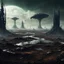 Placeholder: Dark alien landscape being ripped up by terraforming machines. Landscape torn up. Some spaceships in the distance. Some swampy landscape