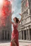 Placeholder: Photorealistic young woman in a dress, standing, with arms raised, looking at the front of a building at midday, with red auras around her