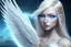 Placeholder: beautiful woman, blue eyes, blond long hair, white wings, white and gold dress, cosmic dimension