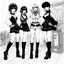 Placeholder: manga art of fashion, punkrock, future illustration of three women standing up in agent provocateur making fun at Exhibition of historical toilet humps.
