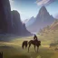 Placeholder:  mountains with medieval knight traveling on a horse in the background