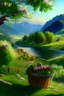 Placeholder: countryside, morning, sun, mountains, green, flowers, clear sky, river, apple tree, basket, sky, grass