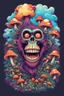 Placeholder: Psychedelic monkey skull looking high and grinning, surrounded by clouds and overgrown with psychedelic mushrooms. Digital drawing. Colorful. t-shirt design. Cartoon. Digital cartoon. Mid detailed