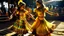 Placeholder: Two young girls dressed in traditional, colorful attire dance energetically on a wooden platform, transporting viewers to the vibrant celebration of the Dussehra festival in Delhi, circa 1990. The bright sun casts dramatic shadows and reflections on their yellow and white garments, accentuating their dynamic movements and animated expressions. In the background, a sturdy structure, possibly a Ferris wheel or fairground ride, integrates vibrant blue and red poles with intricate metalwork, adorned