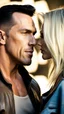 Placeholder: Jason david frank muscular male with short dark hair, whispering in blonde womans ear