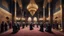 Placeholder: Hyper Realistic Photographic-View of lots of Muslims praying inside a Massively-Huge-Beautifully-Crafted-Black-&-Maroon Wall-Mosque with detailed-golden-pillars & Garland-Light-Decorations with dramatic-&-Cinematic-Ambiance at night.