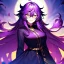 Placeholder: Clear focus, 8k, beautiful lighting, vibrant colors, girl, purple long hair, vibrant golden eyes, messy hair, hair in between the eyes, angry, smile,