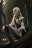 Placeholder: The elven woman sits on a small stump under the willow tree. Sweaty and tired after training, she still exudes angelic beauty. She's dressed in a white medieval men's shirt, long black trousers, and tall riding boots. Two swords lay on the ground beside her feet. Her long white hair is braided, reaching almost to her knees. Her doll-like face is turned to one side, her eyes the color of a bright sky, gazing into the distance. The figure seems contemplative.