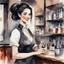 Placeholder: sophisticated smiling female bartender in a top end wine bar in Paris, well dressed long black hair worn up in a stylish bun with one lock of hair hanging over her face, dark mahogany bar and shelving, watercolor and ink painting, dramatic, beautiful