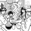 Placeholder: bold and easy, cozy Japan-Hot pot dinner shared by friends has very thick black outlines, making the details simple and fun to color colors, must be black and white and should have very few backgrounds or no backgrounds