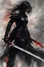 Placeholder: A formidable warrior man in black armor defends herself with a shiny sword, a fabulous scary hero, juicy emotions, painting, gloomy fantasy, gloomy day, dark world,, without a background, oil and graphite, wide strokes, a weaving frame around, by Ryohei Hase, Agnes Cecile, Raymond Swanland, Anne Bachelier