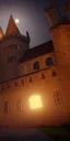 Placeholder: middle age castle , night , cloud in the sky , full moon , bird in the sky,fire place in the bazaar , high resolution, super realistic, unreal engine, cinematic lighting,