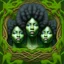 Placeholder: Painting .three women. the faces of three young black women. wood nymphs emerging from the forest. Her hair looks like vines. Dreadlocs. Her skin is the colour of dark soil. Her skin looks like tree bark. Her clothing is made of vines, grass and leaves.