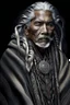 Placeholder: a photo of an Aztec man with ethnic jewelry, grey hair and grey flowing robe, in style of Annie Leibovitz, contemporary portrait of a mature yet beautiful and modernist man, black and grey, detailed feminine face, swirling fluid smokey enigma, award-winning artwork