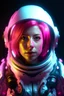 Placeholder: Portrait of a glowing scifi woman in a futuristic astronaut suit, inspired by Jen Bartel, with pink hair, facing the camera, vertical orientation, ultra-detailed, glowing lights, helmet with tinted visor, ethereal aesthetic