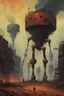 Placeholder: A rusted machine factory walking on multiple fleshy human gangrenous legs, wasteland setting, spewing toxic fumes,in the style of Zvidslav Beksinski