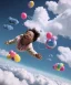 Placeholder: Ultra realistic speed clouds sky scene, wide angle view, childs falling down with many Childs background, circus dress style, feather color, free jumping flying, many trinkets, hair monster, many jelly beans, balls, color smoke, smile, happy, extreme, wind, clouds sea, 20,000 feet altitude, stratosphere, soft color, highly detailed, unreal engine 5, ray tracing, RTX, lumen lighting, ultra detail, volumetric lighting, 3d, finely drawn, high definition, high resolution.