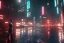 Placeholder: 3D, beautiful, light reflecting, empty city at night, rainy night, neon, cyberpunk, tron, person with helmet walking