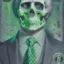 Placeholder: a head and shoulders portrait of a skeleton dressed in a three-piece suit as the president of the united states, based on us currency, united states one dollar bill, shades of green, real-life, colors match the united states one dollar bill, realistic, robotic,