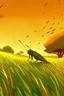 Placeholder: Grasshopper，Rice field，Trees，Warm color palette，Animation，Fried grasshopper