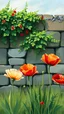 Placeholder: Painting style art, Look at the poppies that have sprouted in front of the garden wall.