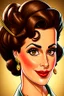 Placeholder: cartoon portrait of a very feminine, sexy European stewardess lady with short brunette hair and strong makeup, big smoky eyes and large golden earrings