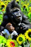 Placeholder: A child play with the s big gorilla among sunflowers farm the child is seems very happy while the gorilla been silly