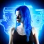 Placeholder: cyberpunk, head, woman, model, rendering, blue hair, electric circuits in backgound, lights, high contrast