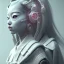 Placeholder: Portrait, Cyber rabbit mask teenager woman, color makeup, grey hair, rounded face, geisha style hair, white skin, pattern dress, velvet, vibrant color, cyberpunk style, highly detailed, art stations, concept art, smooth, unreal engine 5, god rays, ray tracing, RTX, lumen lighting, ultra detail, volumetric lighting, 3d, finely drawn, high definition, high resolution, gradient background