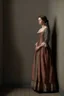 Placeholder: woman with 1700 dress leaning against the wall, realistic style, full figure frontal view