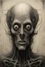 Placeholder: The full body of strange face or an old man , a thin line draw ،front view camera, decayed and rotting with grotesque proportions and imagery. surreal horror, biomechanical design, by hr giger and beksinski , Busch painting style