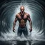 Placeholder: Hyper Realistic Muscular Octopus Head Man standing in a water flood tunnel with big wave splashes at rainy night