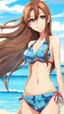 Placeholder: Attractive Anime Woman With Very Long brown Hair, Bikini, Full Body In Frame, Beach, Red Cheeks, Skinny, Looking At Camera, Smiling