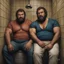 Placeholder: two ugly angry muscular chubby arabs 33 years old similar to bud spencer, very detailed, full figure shot, very realistic photography, dim light, view from below, tiled restroom, tattoo, masculine bearded, mature barely burly bearded muscled and robust, photorealistic, strong side light