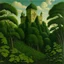 Placeholder: A green castle in a forest covered in vines painted by Henri Rousseau